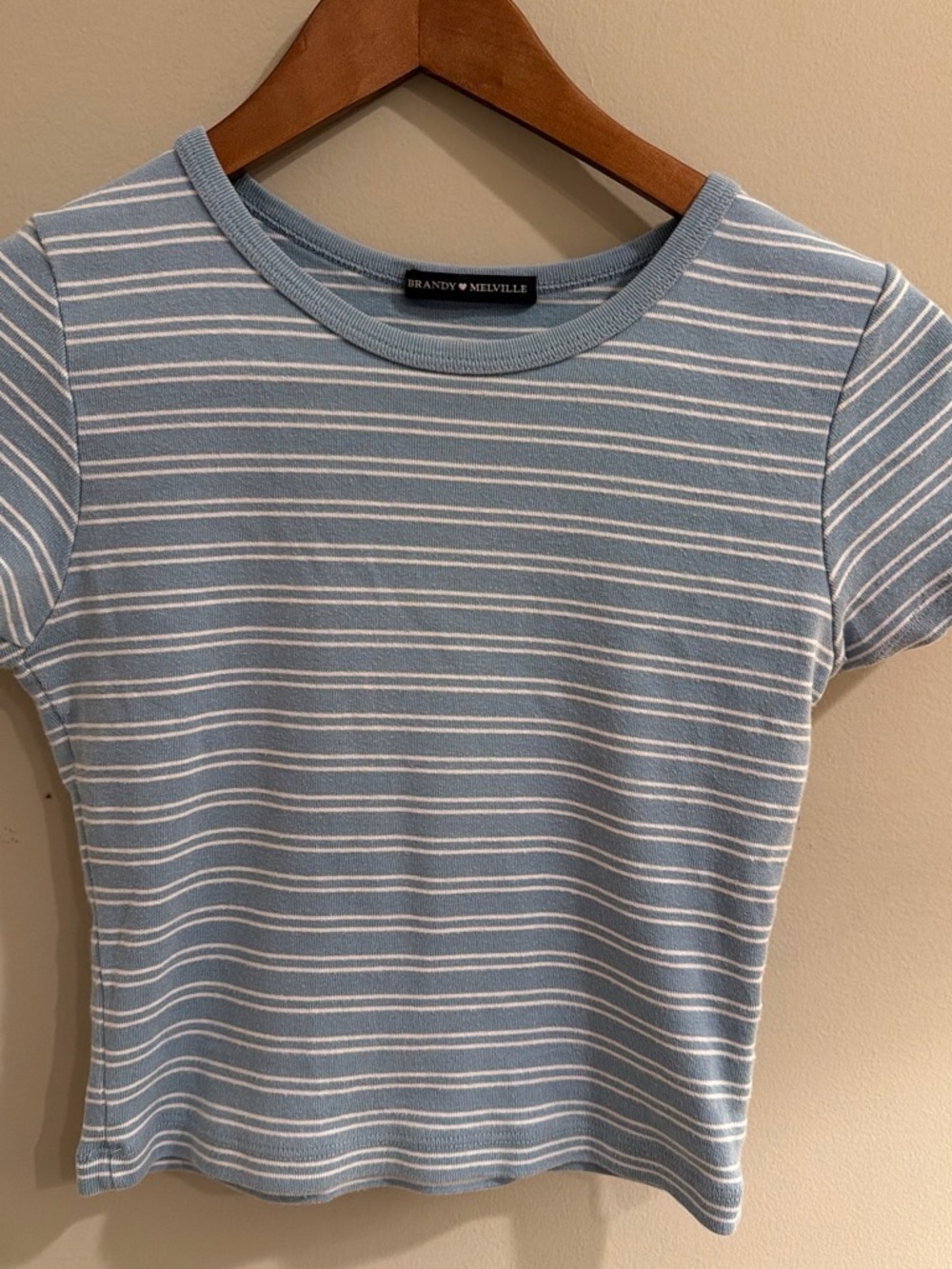 Brandy Melville Light Blue and White Striped Short Sleeve Tee